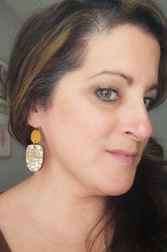 White Wash Floral Wood Earrings