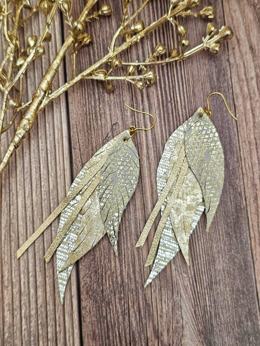 Large Feather Fringe Neutral Earrings