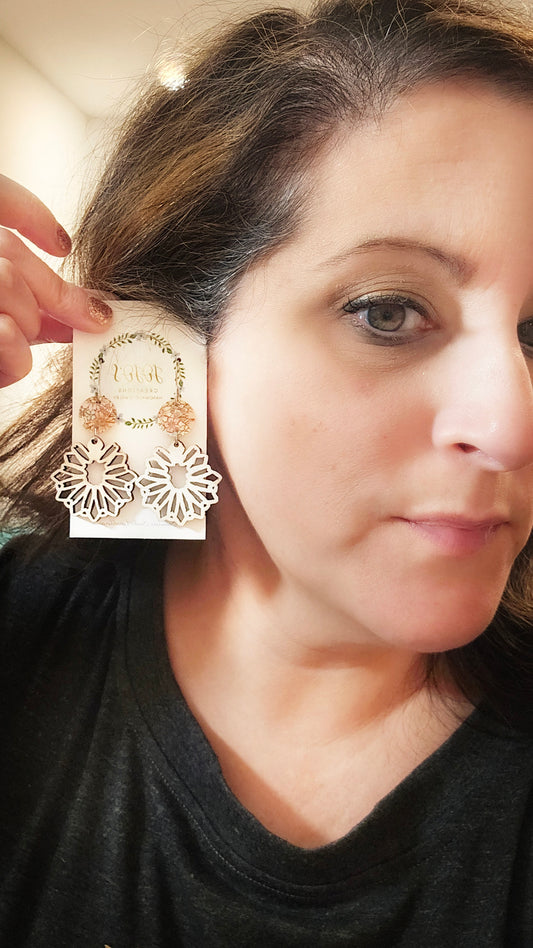 White Wash Floral Wood Earrings