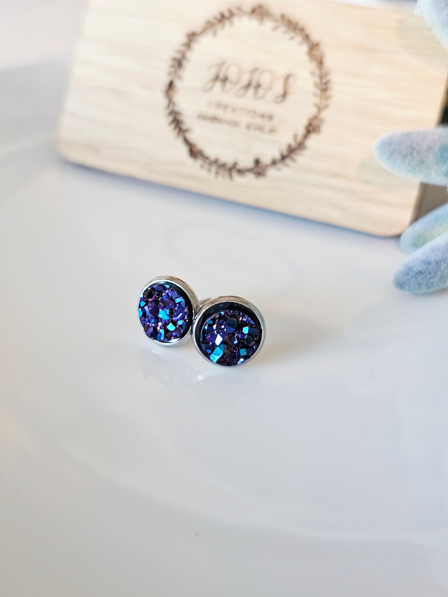 8mm Dark Blue Purple Faux Druzy Studs