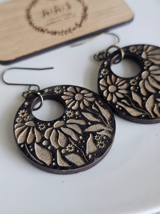 Black Floral (Wood) Earrings