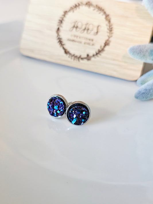 8mm Dark Blue Purple Faux Druzy Studs