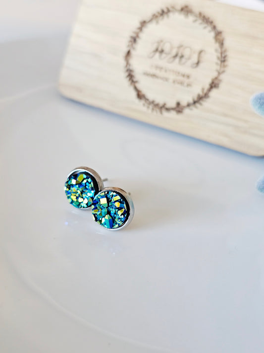 8mm Blue Green Gold faux Druzy Studs
