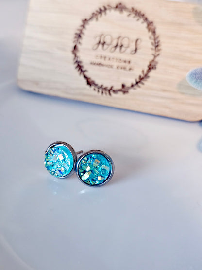 8mm Aqua Blue Ice Faux Druzy Studs