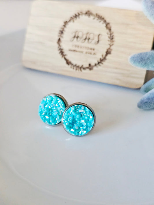 12mm Teal Ice Blue Faux Druzy Studs