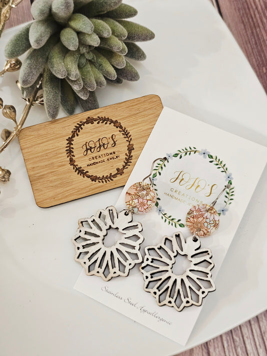 White Wash Floral Wood Earrings